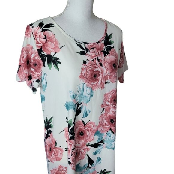 Vanilla Bay Dress Floral Short‎ Sleeve White Pink Roses Short Womens Large - Picture 3 of 13